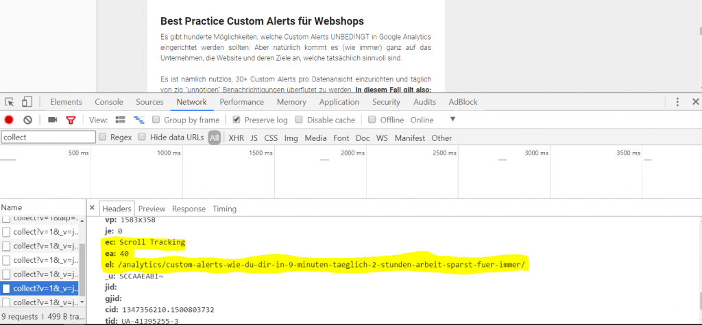 Scrolltracking Check in der Developer Console