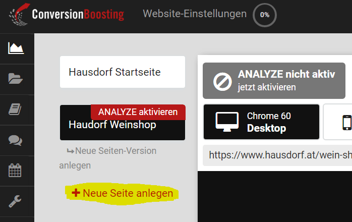 ANALYZE Website Einstellungen