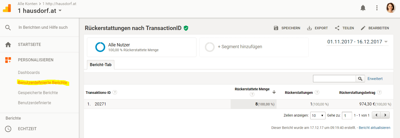 Custom Report Rückerstattungen