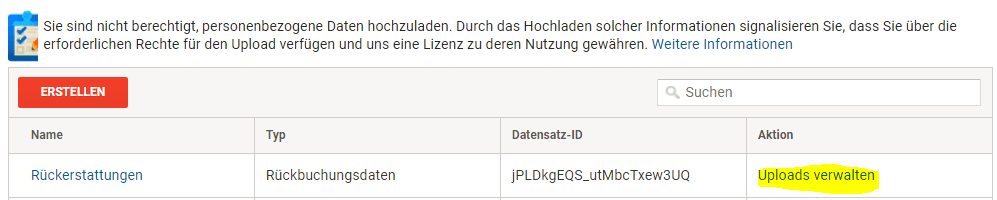 Data Import Uploads verwalten