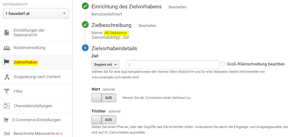 GA Ziel für Alle Sessions anlegen