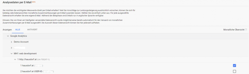 Google Analytics Einstellungen zu Analysedaten per Email