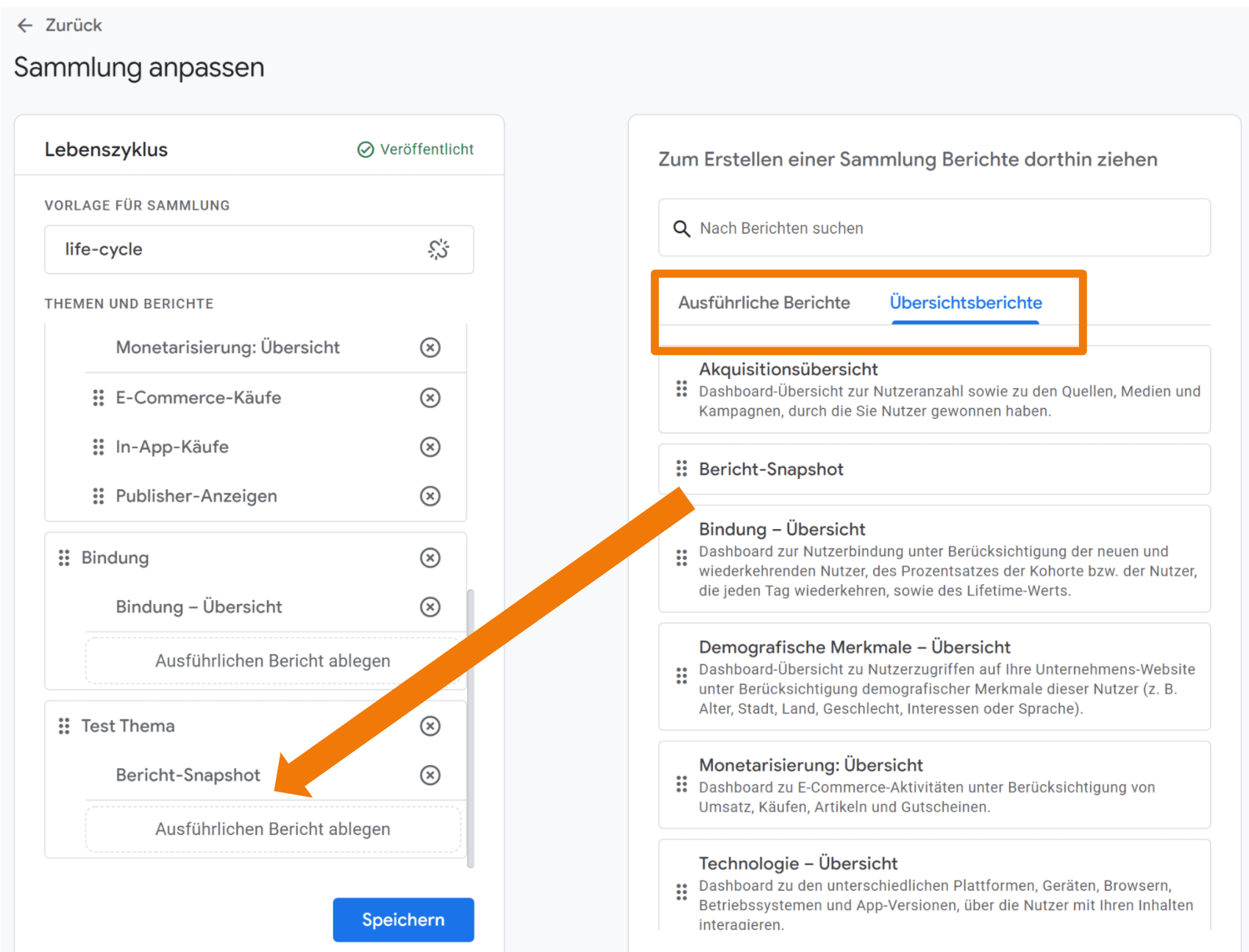 GA4 Berichte in Thema einfügen