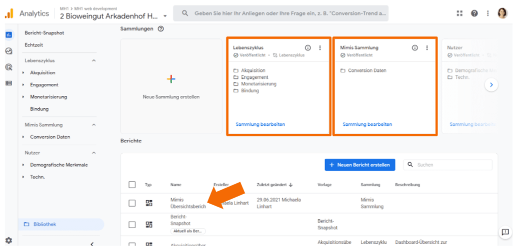 Bibliothek bzw. Mediathek in GA4
