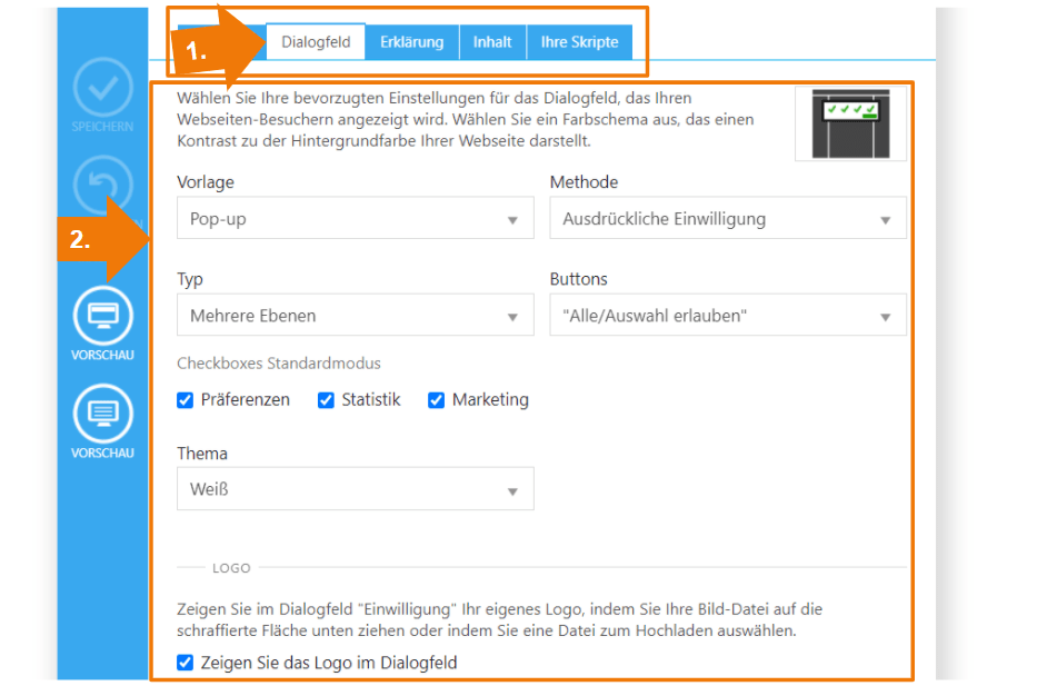 Cookiebot Banner Setup - Dialogfeld Einstellungen