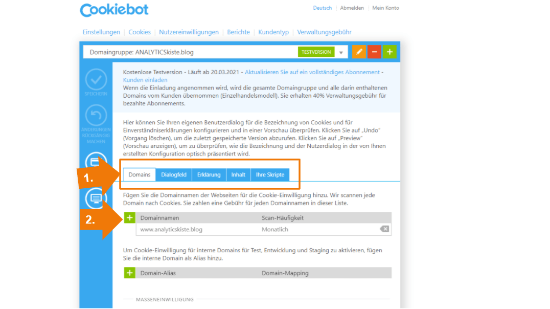 Cookiebot Banner Setup - Domainnamen eintragen
