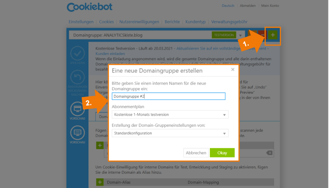 Cookiebot Banner Setup - Neue Domaingruppe erstellen