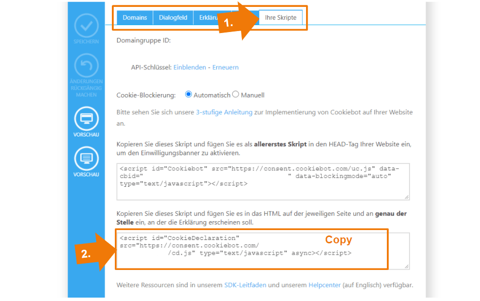 Cookiebot Banner Setup - Skript Code kopieren