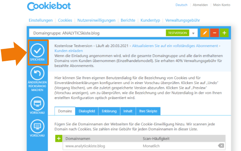 Cookiebot Banner Setup - Speichern nicht vergessen
