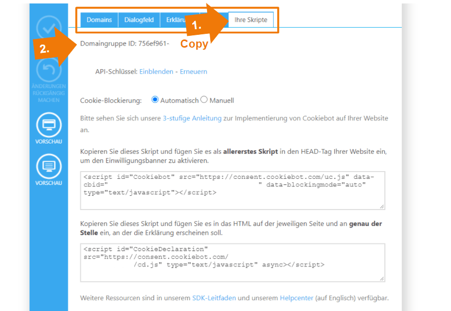 Cookiebot - Domaingruppen ID kopieren