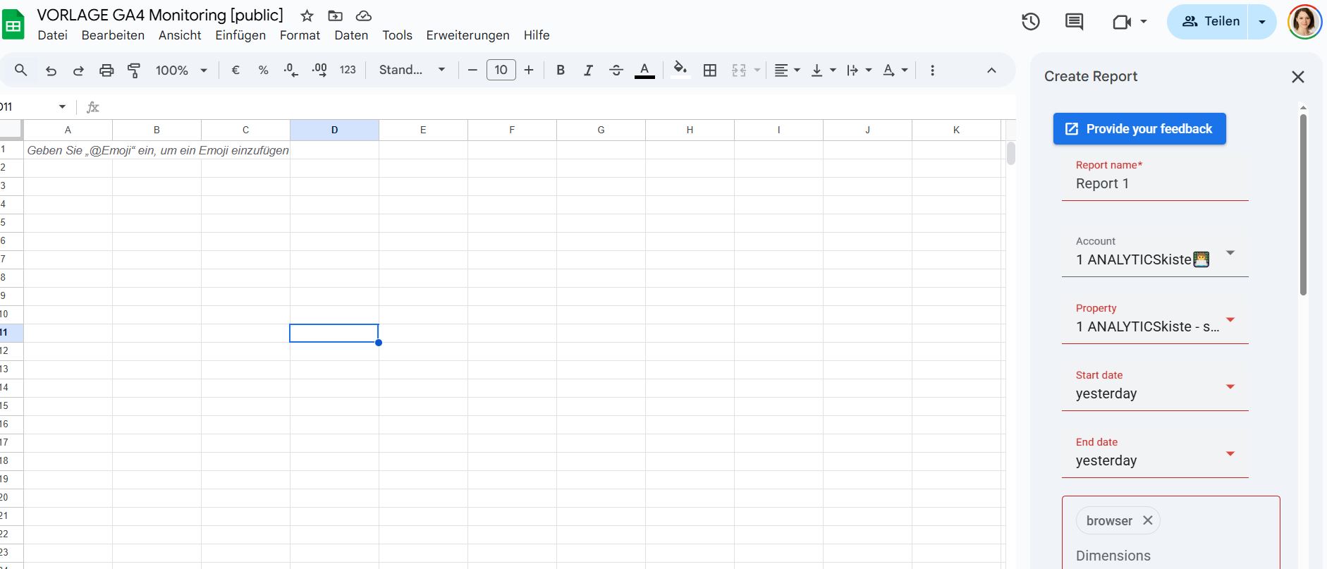 Create Report Konfiguration im GA4 Report Builder