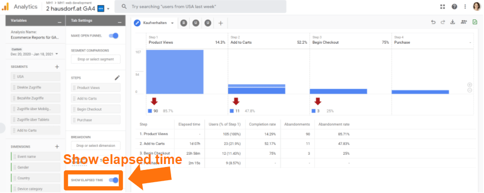 Durchlaufzeit der einzelnen Funnel Steps in GA4