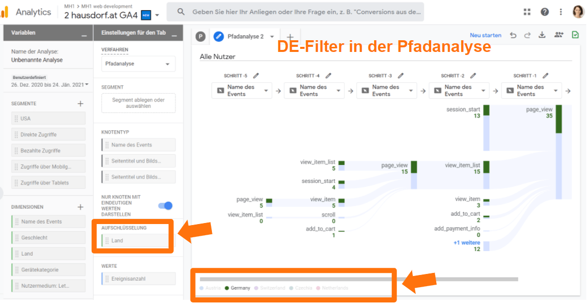 Filter in der Pfadanalyse in GA4