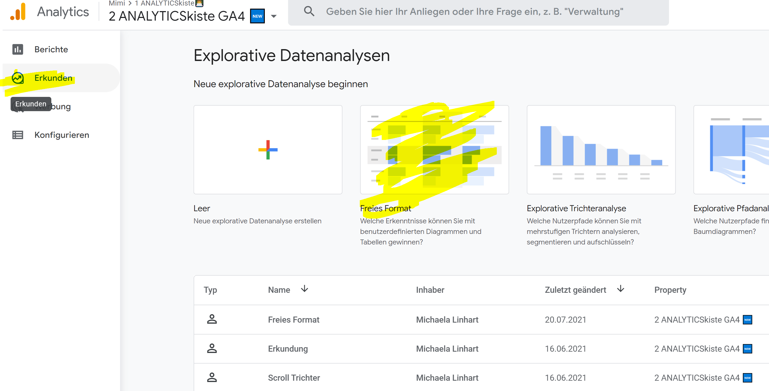 Freies Format für Interne Verlinkung Analyse in GA4