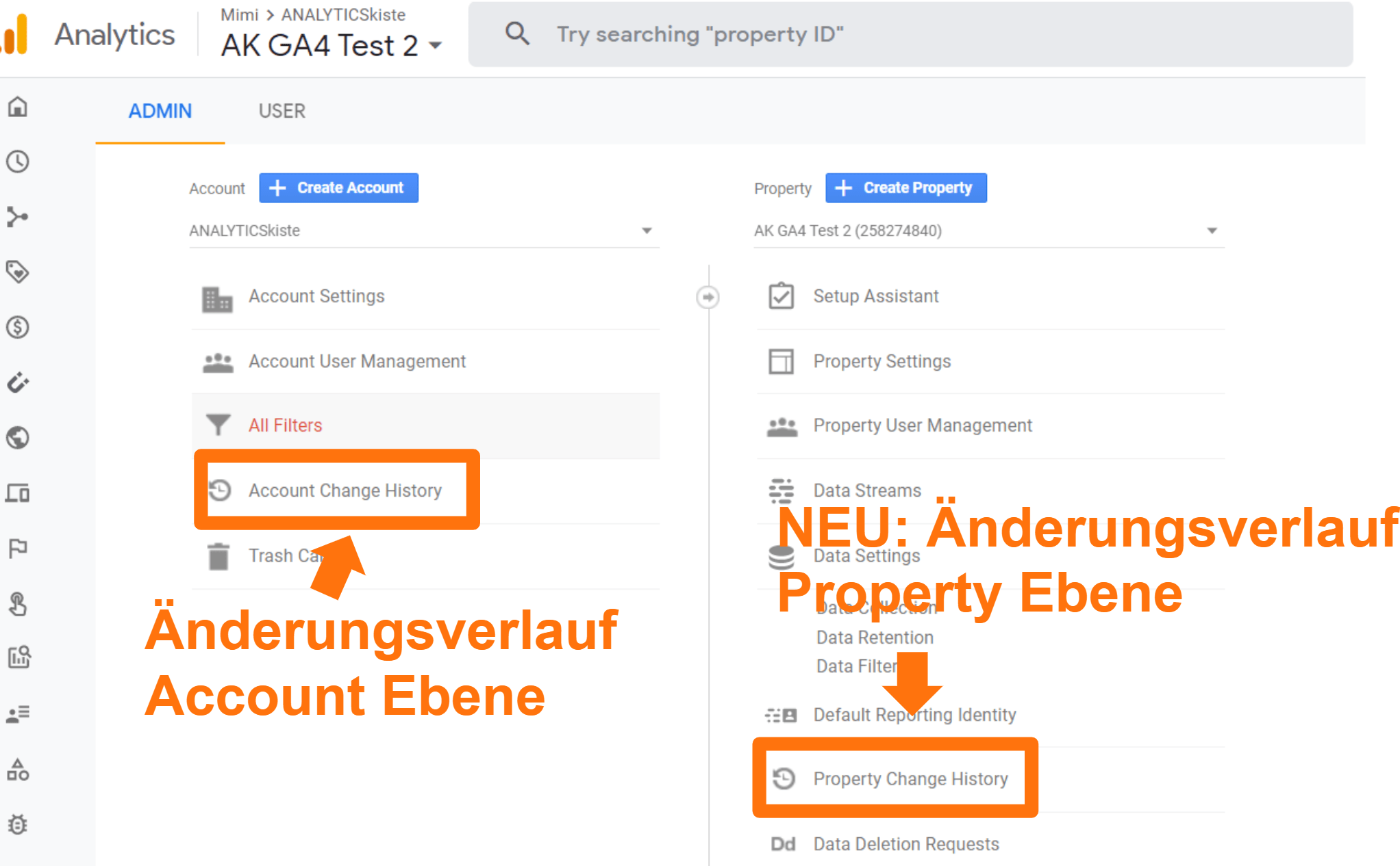 GA4 Account Change History bzw Änderungsverlauf