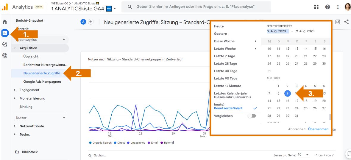 GA4 Bericht Neu generierte Zugriffe - Datumselektor