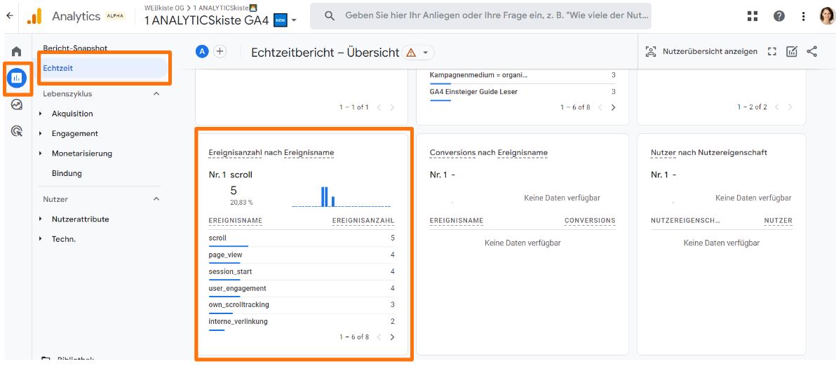 GA4 Echtzeit - Ereignis-Widget