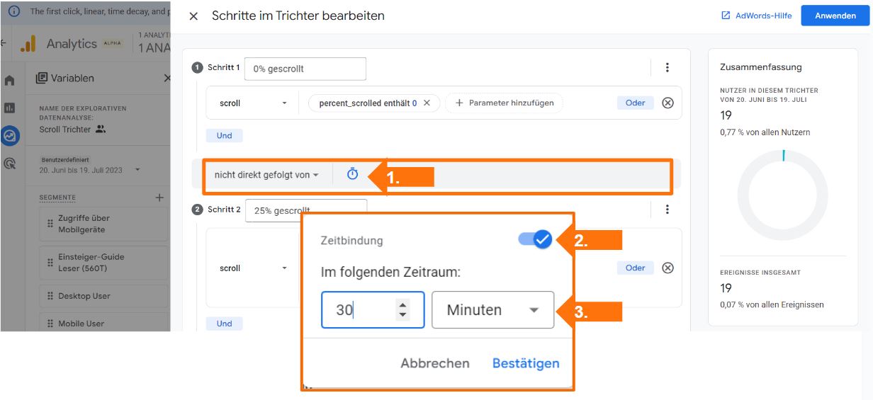 GA4 Funnelanalyse - Zeitbindung hinzufügen