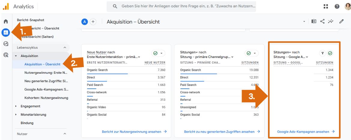 GA4 Google Ads Report in der Akquisitions Übersicht