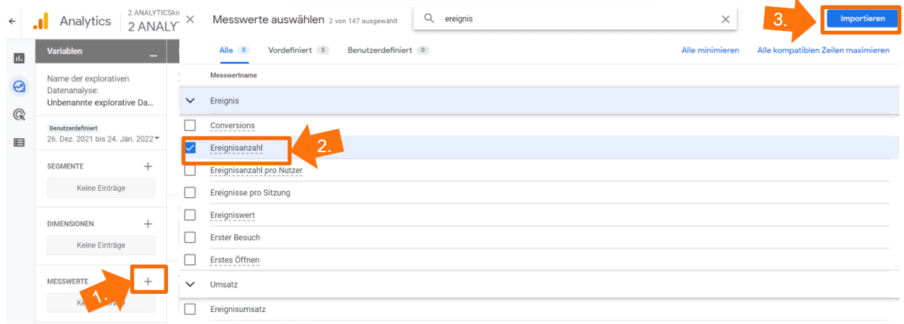 GA4 Metriken in Custom Report importieren