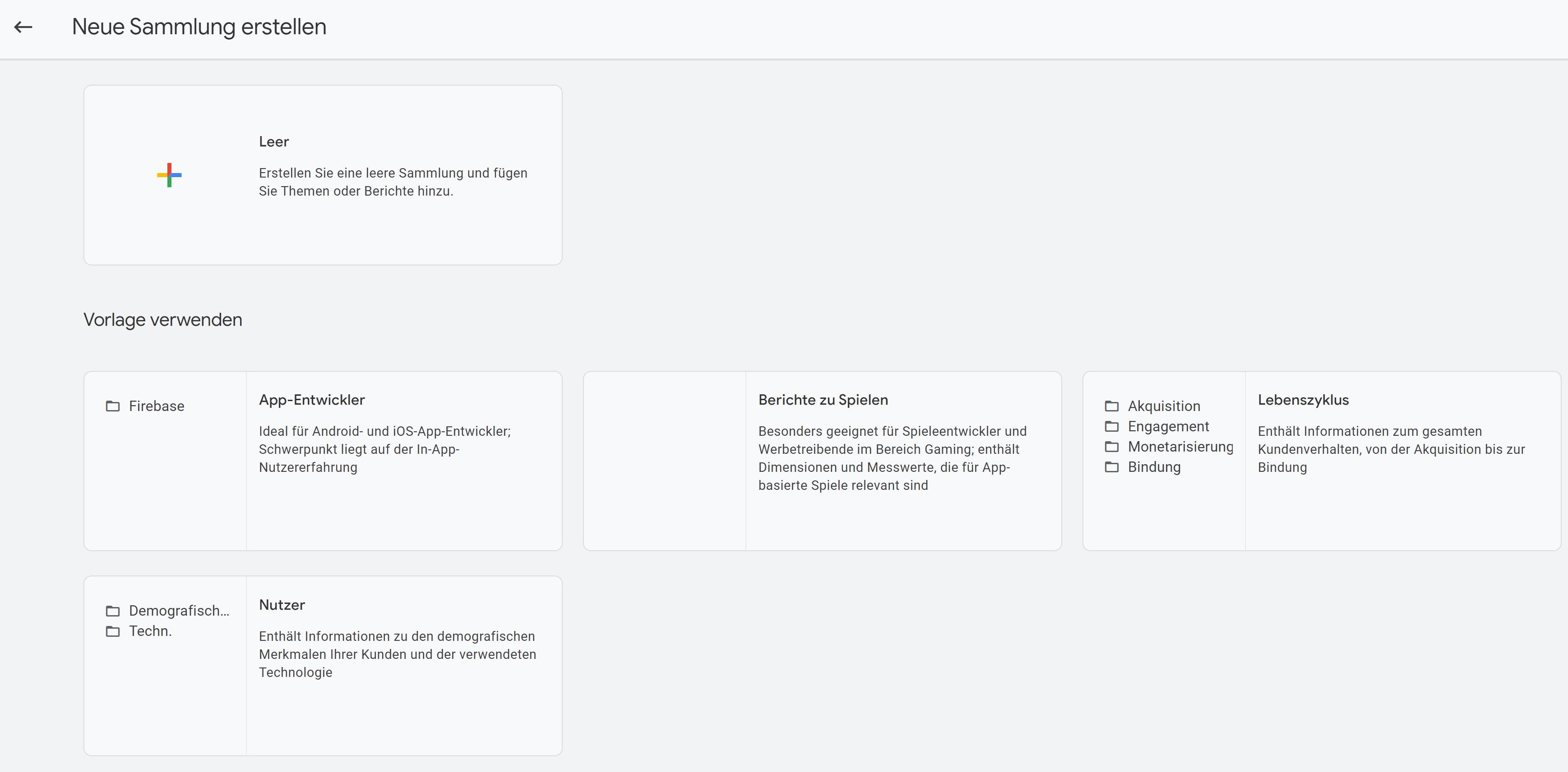 GA4 Neue Sammlung Leer oder mit Vorlage