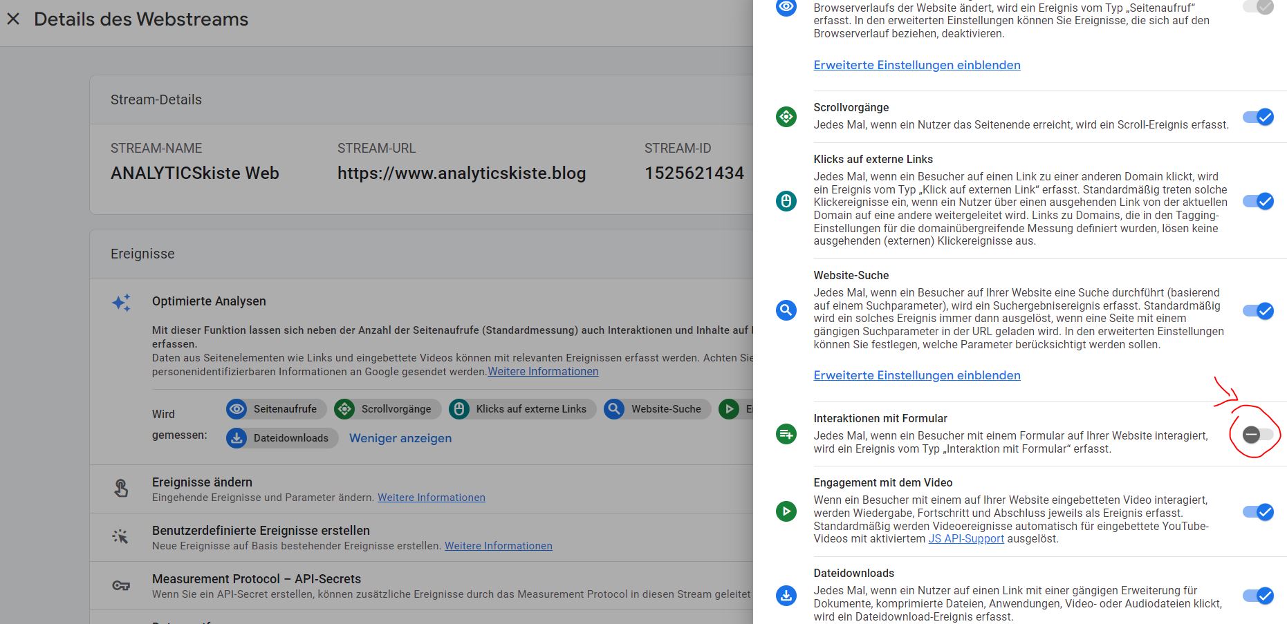 GA4 Optimierte Analysen - Form Tracking deaktivieren