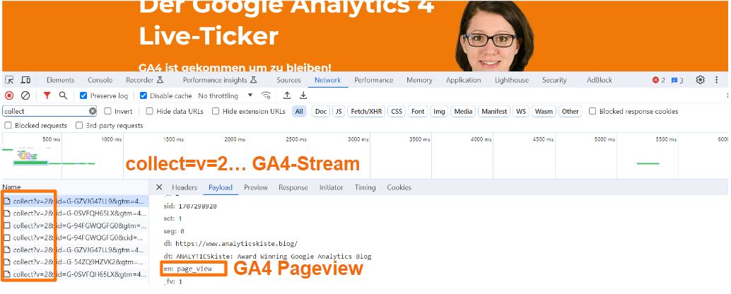 GA4 Pageview Stream in der Developer Console