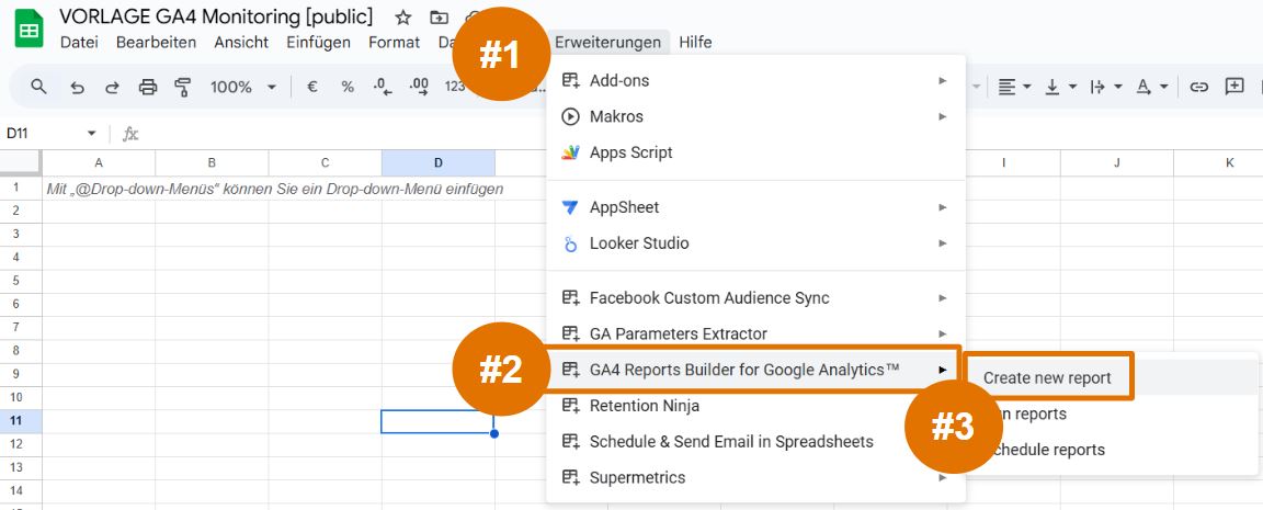 GA4 Report Builder in Google Sheets öffnen