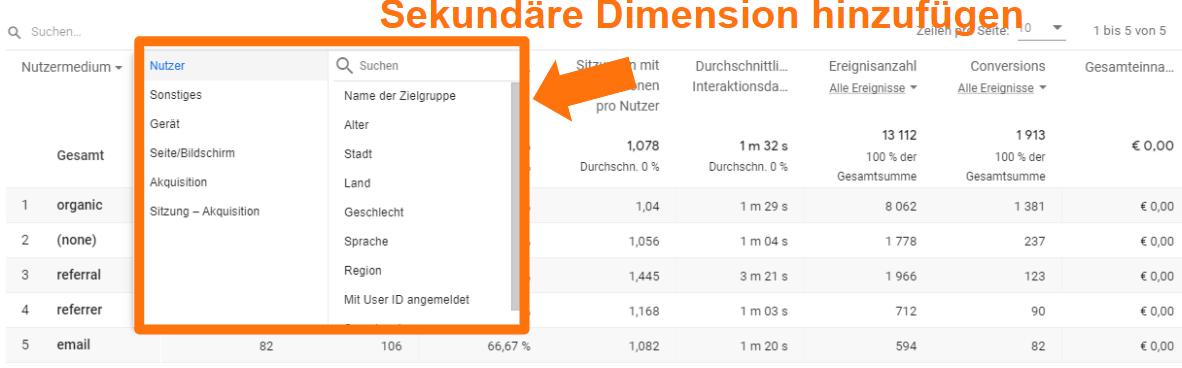 GA4 Sekundäre Dimension in Berichten hinzufügen