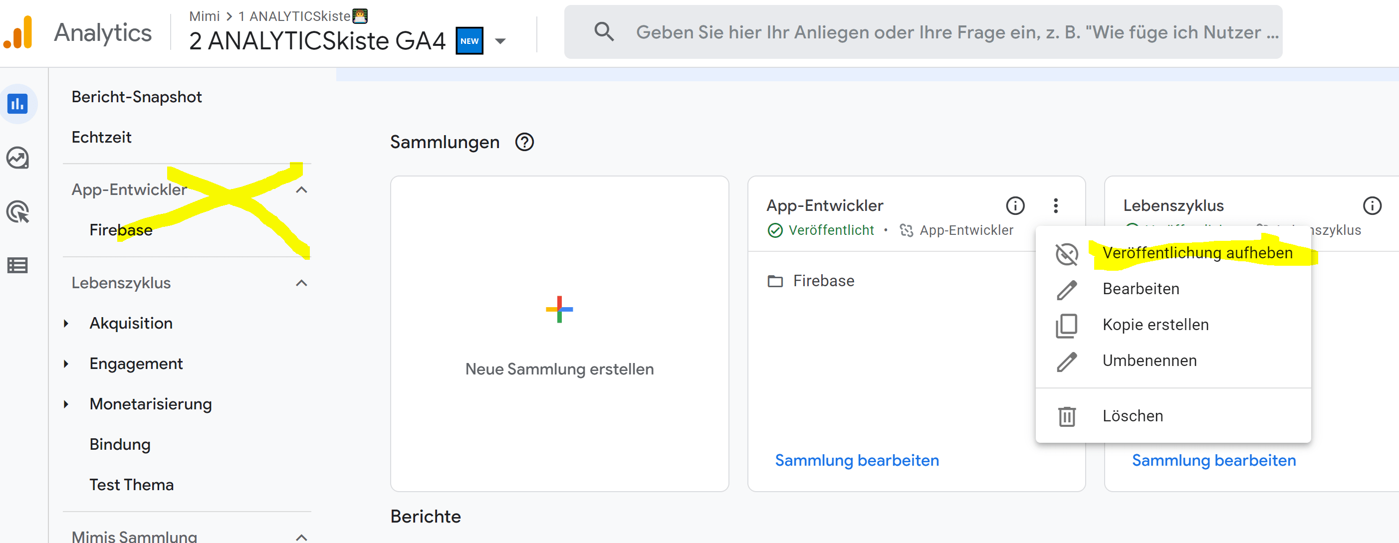 GA4 Veröffentlichung einer Sammlung aufheben