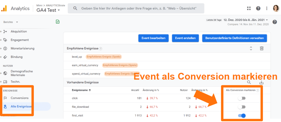 Google Analytics 4 - Ereignis als Conversion markieren