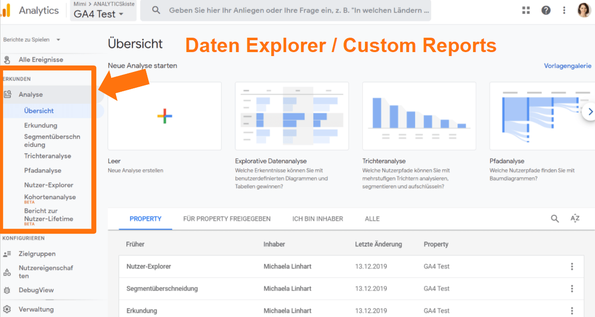Google Analytics 4 Explorer bzw. Advanced Analysis