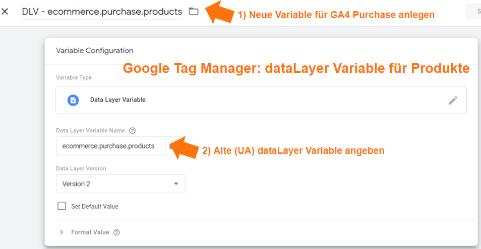 Google Analytics 4 Produkt Variable für den Transaktions Tag