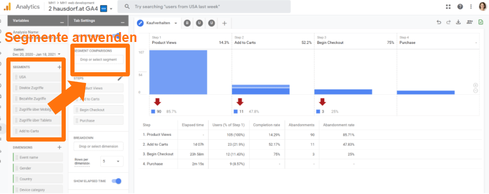Google Analytics 4 - Segmente in Custom Funnels anwenden