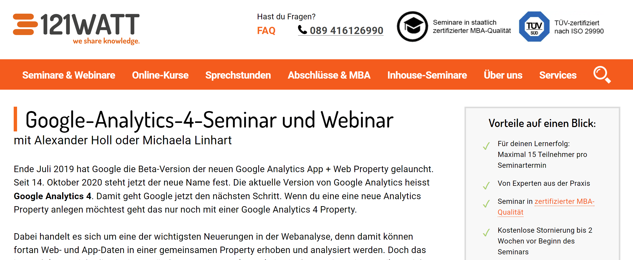 Google Analytics 4 Seminar bei 121Watt