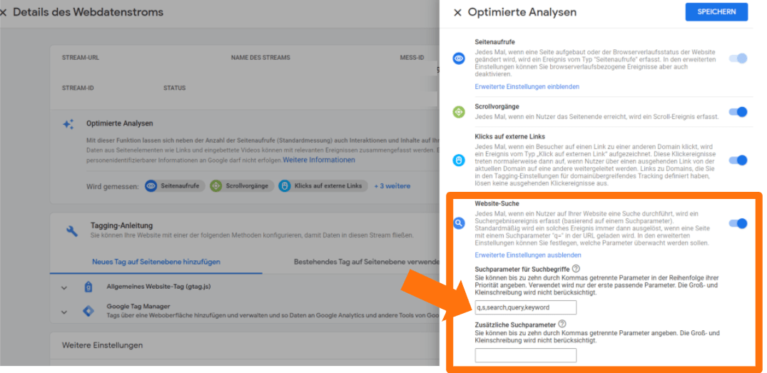 Google Analytics 4 - Suchparameter anpassen bei Interner Suche
