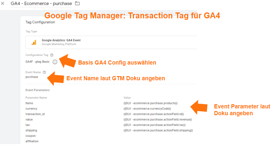 Google Analytics 4 Transaktions Tag im Google Tag Manager