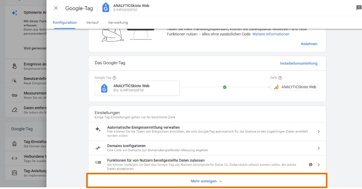 Google Tag Einstellungen - Mehr anzeigen