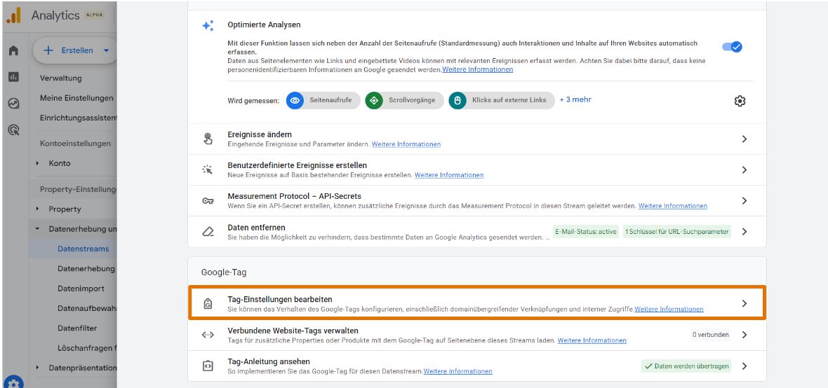 Google Tag Einstellungen im GA4 Web-Datastream