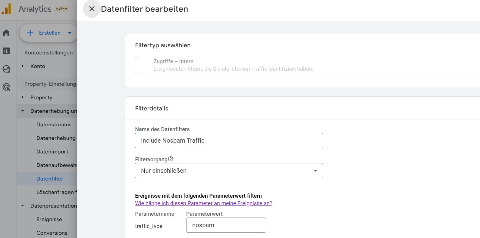 Include Nospam-Traffic Filter in Google Analytics 4
