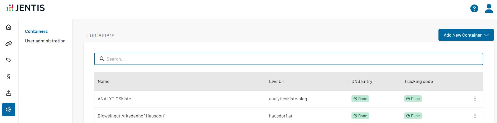 JENTIS Container Übersicht