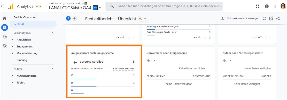 Kontrolle Scrolltracking in der GA4 Echtzeit