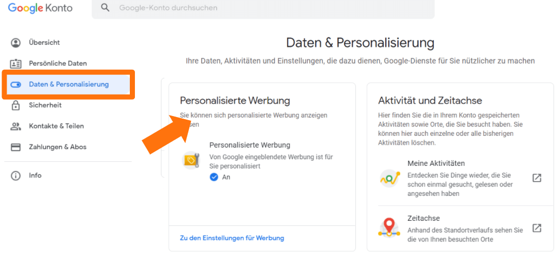 Mein Google Konto - Daten & Personalisierungs Einstellung