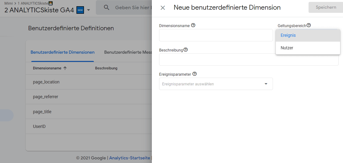Neue Custom Dimension erstellen in GA4