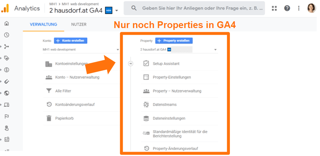 Nur noch Properties in GA4