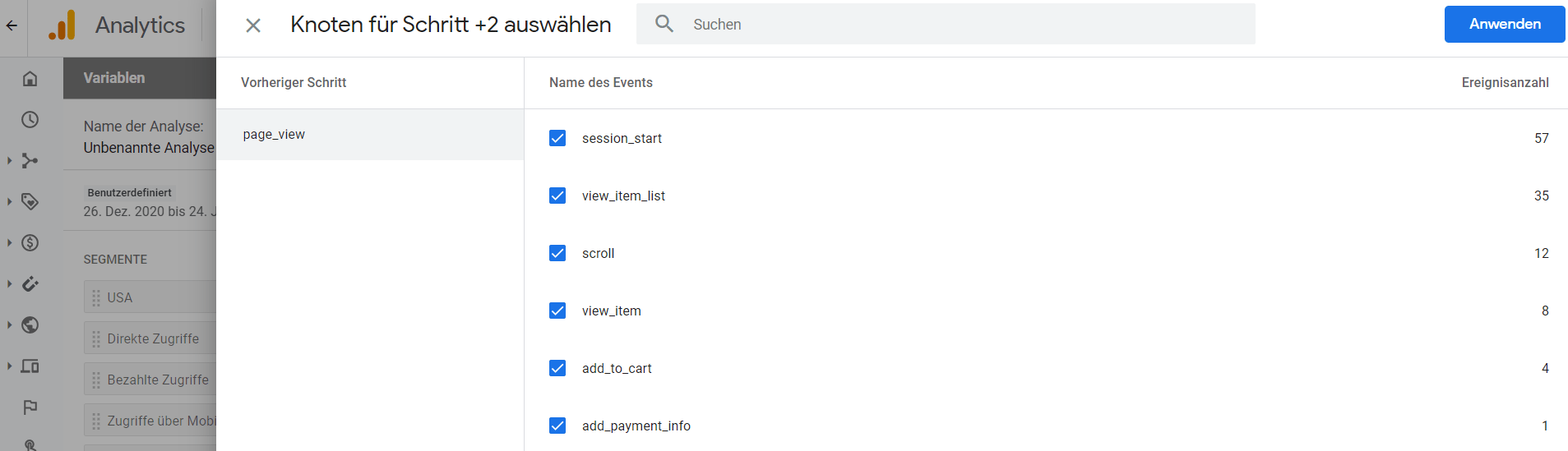 Pfadanalyse in GA 4 -Knoten für Schritt 2 auswählen