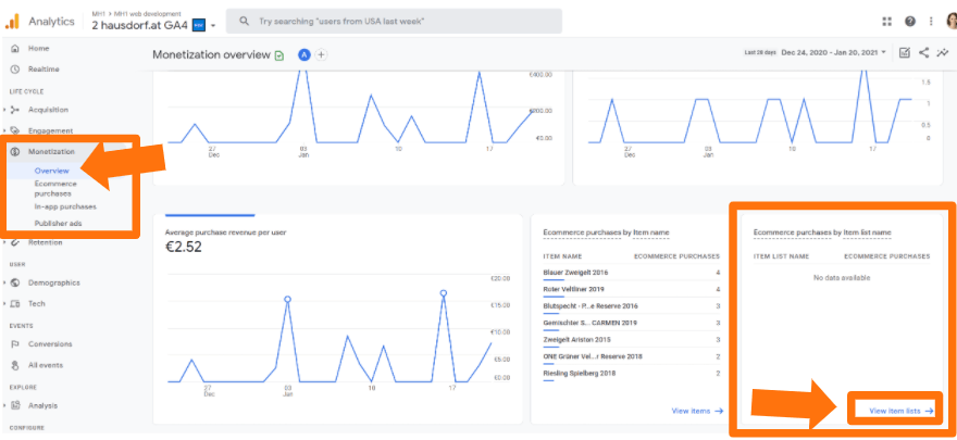 Produkt Listenreport über den weiterführenden Link in GA4