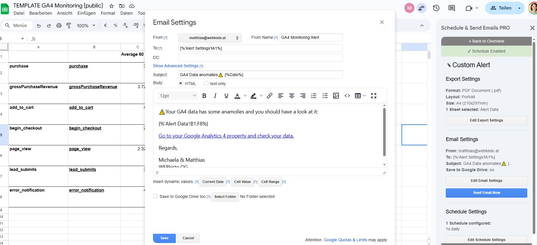 Schedule & Send Email Settings für Monitoring