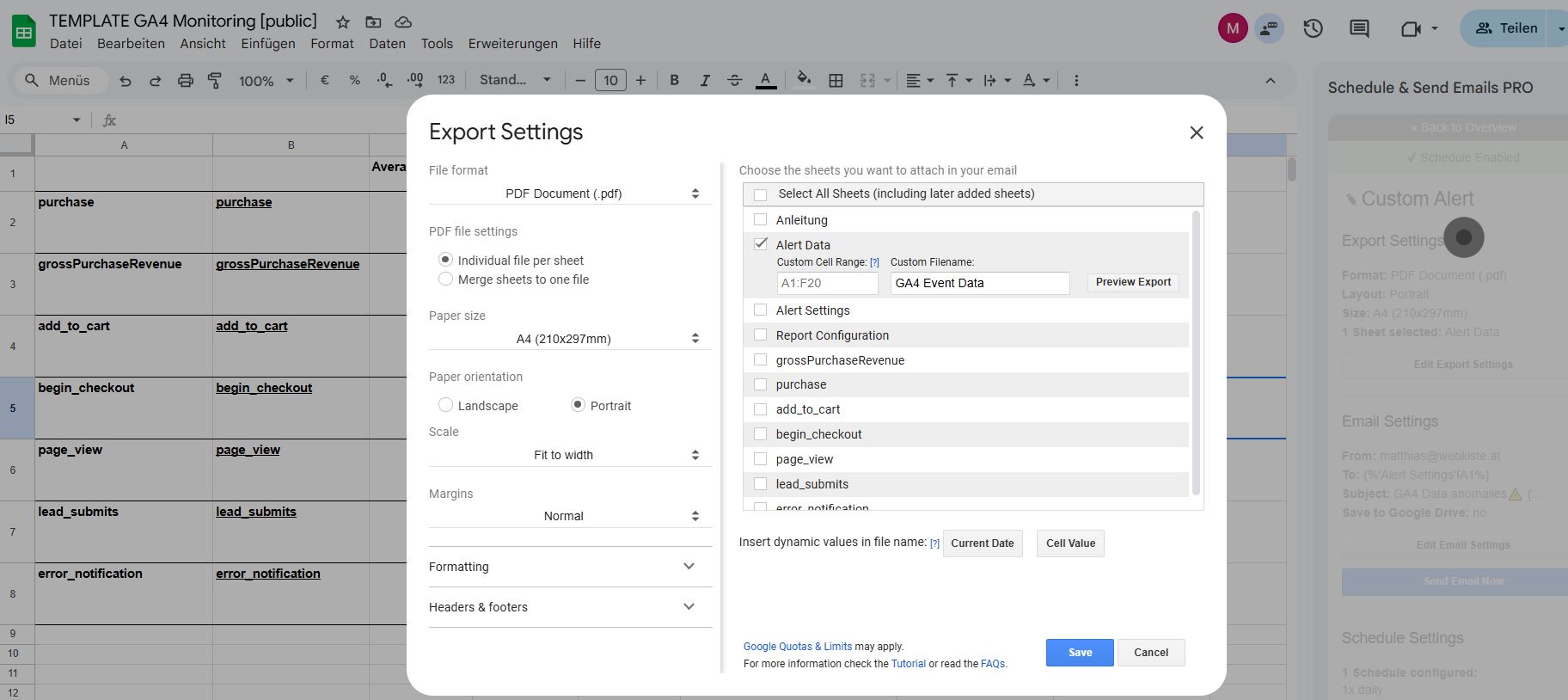 Schedule & Send Export Settings für Monitoring