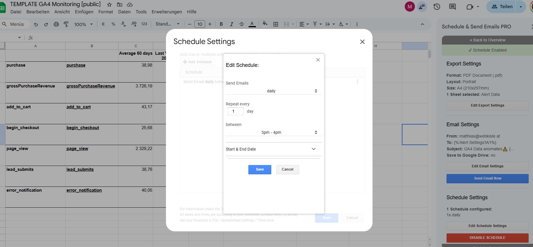Schedule & Send Schedule Settings für Monitoring
